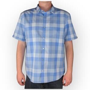 EUC Calvin Klein Men’s Gingham Short Sleeve Button-Up Shirt – Blue/White – M